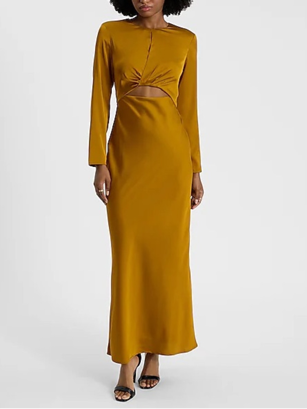 Express Mustard Satin Long Sleeve Maxi Dress with Front Cutout